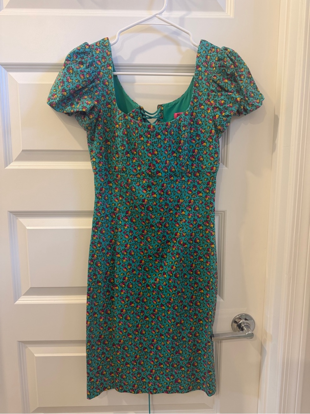 Betsey Johnson Teal Floral Puff-Sleeve Midi Dress